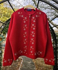 Karen Scott Cozy Winter Red Wool Zip Cardigan PL Pointsetta Flowers, Sequence