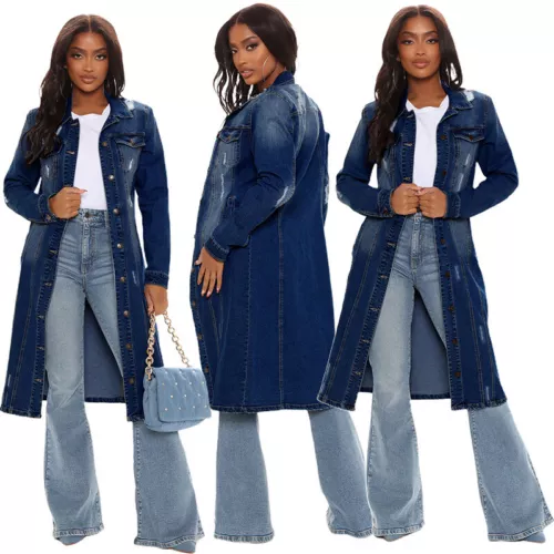 Damen Mode Denim Windbreaker Lange Vintage Denim Mantel Lange Jeansjacke Mantel - Bild 2 von 18