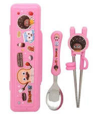 Bread Barbershop Choco Stainless  Kids Training Chopsticks Spoon Case Set Pink