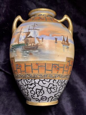 Nippon Morimura Hand-Painted Porcelain Vase Ships at Sea Nautical Gold Enamel 9 