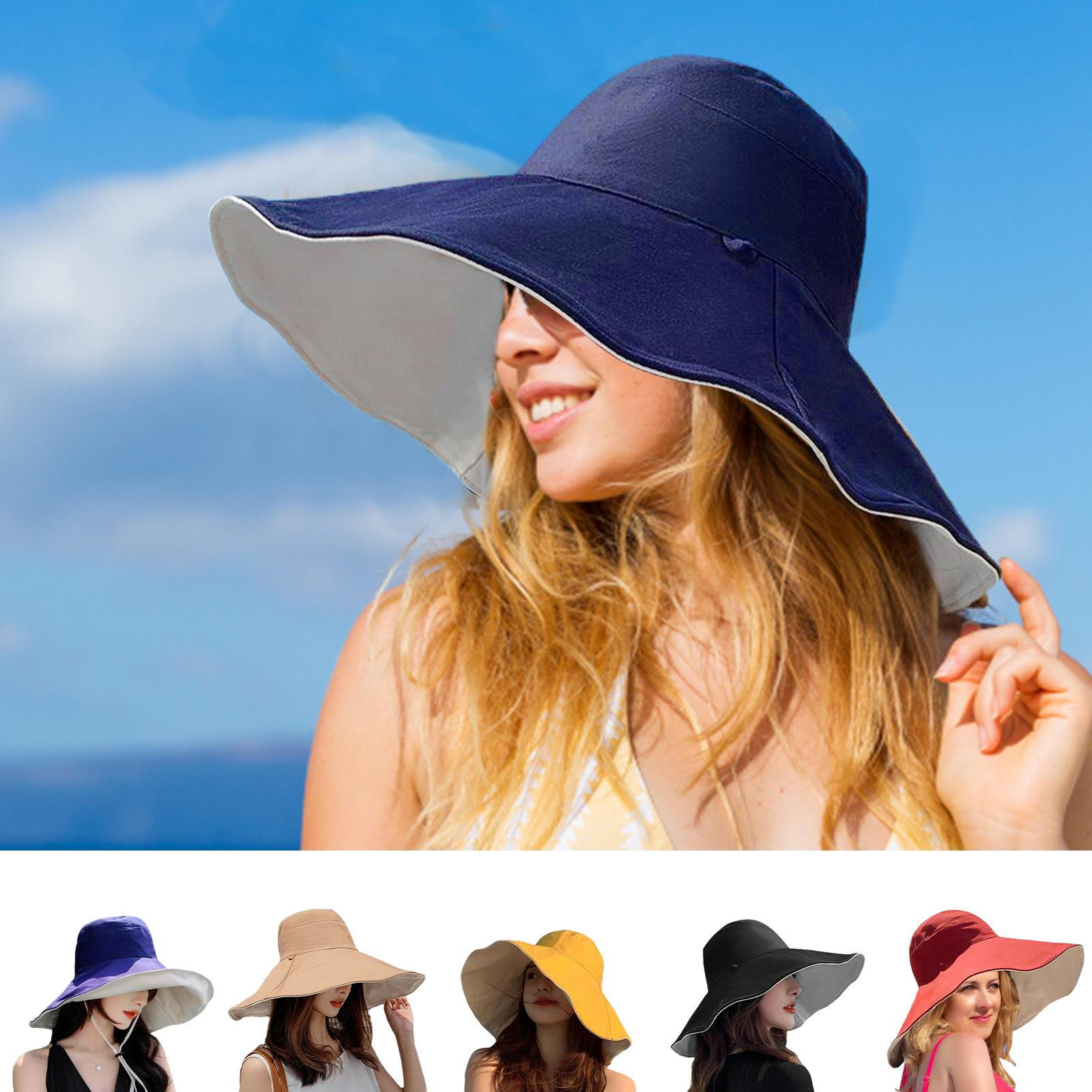 Foldable Women's Bucket Hat with 15cm Wide Brim for Beach & Outdoor Sun Protection-image