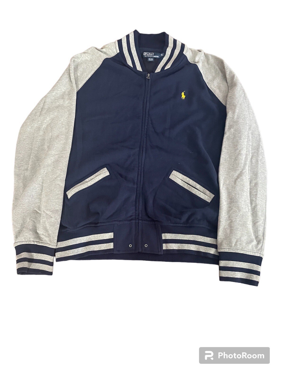 Polo Varsity Jacket Uomo XL Blu Grigio Ralph Lauren Cerniera Piccolo Pony Giallo