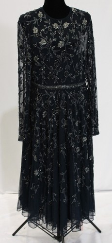 Mac Duggal Women's Beaded Illusion Long Sleeve A Line Gown EJ1 Navy Size 14 NWT