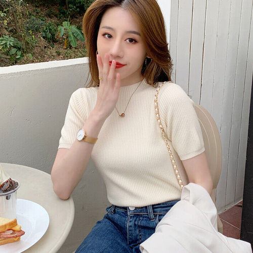Women Korean Fashion Summer Short Sleeve Knit Basic Pullover Tops Blouse Shirts - Afbeelding 13 van 25