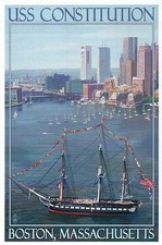 USS Constitution & Boston Skyline, Massachusetts, Ship, Boats -- Modern Postcard