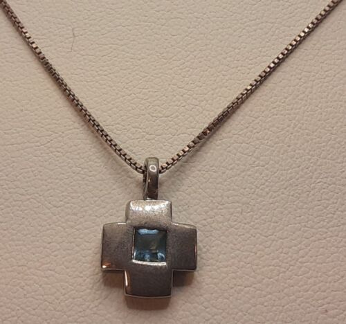 Sterling Silver Vintage 18" Box Chain Necklace topax square cross Pendant charm  - Picture 1 of 3