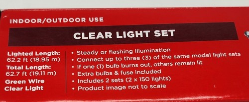 Clear Light Set 300 Lights Indoor & Outdoor Christmas Lights Total 62 Feet - Picture 2 of 3