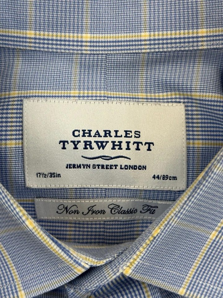 Camisa de vestir Charles Tyrwhitt para hombre 17,5 34 azul a cuadros algodón puño francés sin planchar Foto 4 de 4