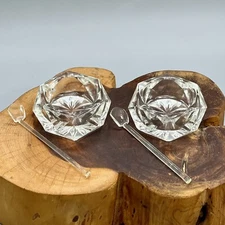 2 Vintage Bohemian Glass Crystal Open Salt Cellars with Spoons