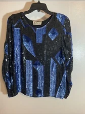 Raiment Fashions Inc Women’s Silk Sequin M Top Black Blue Shiny Vintage