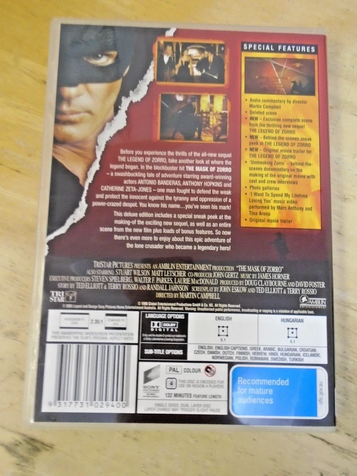 The Mask of Zorro (1998) - Antonio Banderas - DVD - Region 4 - Like New - Image 2 of 4