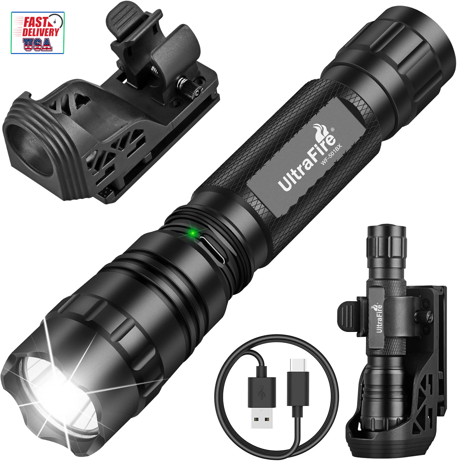 Tactical Flashlight with Duty Belt Holster, 1000 Lumen Rechargeable Police Flash