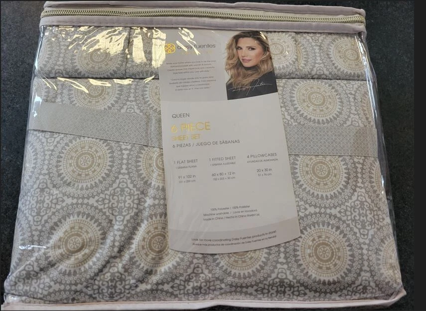 Juego de sábanas Daisy Fuentes Collection Queen 6 piezas (patrón bronceado, crema y gris) Foto 2 de 3