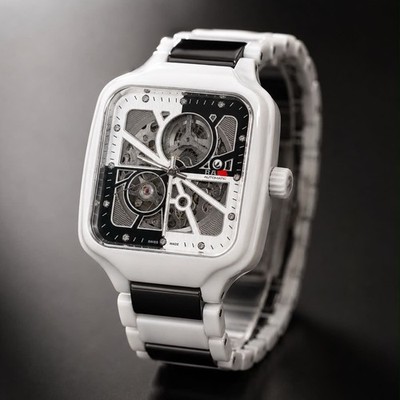 Rado True Automatic Skeleton Dial Square White Ceramic Diamond Bracelet