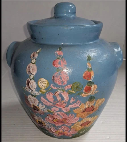 Ransburg Stoneware Crock Cookie Jar w/Lid Blue Hand Painted Florals Holly Hocks