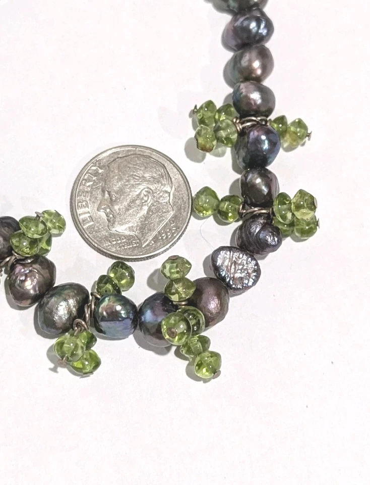 Brazalete De Colección Plata Esterlina Barroco Perla Pavo Real Peridoto Natural 7.75" Palanca Foto 3 de 4