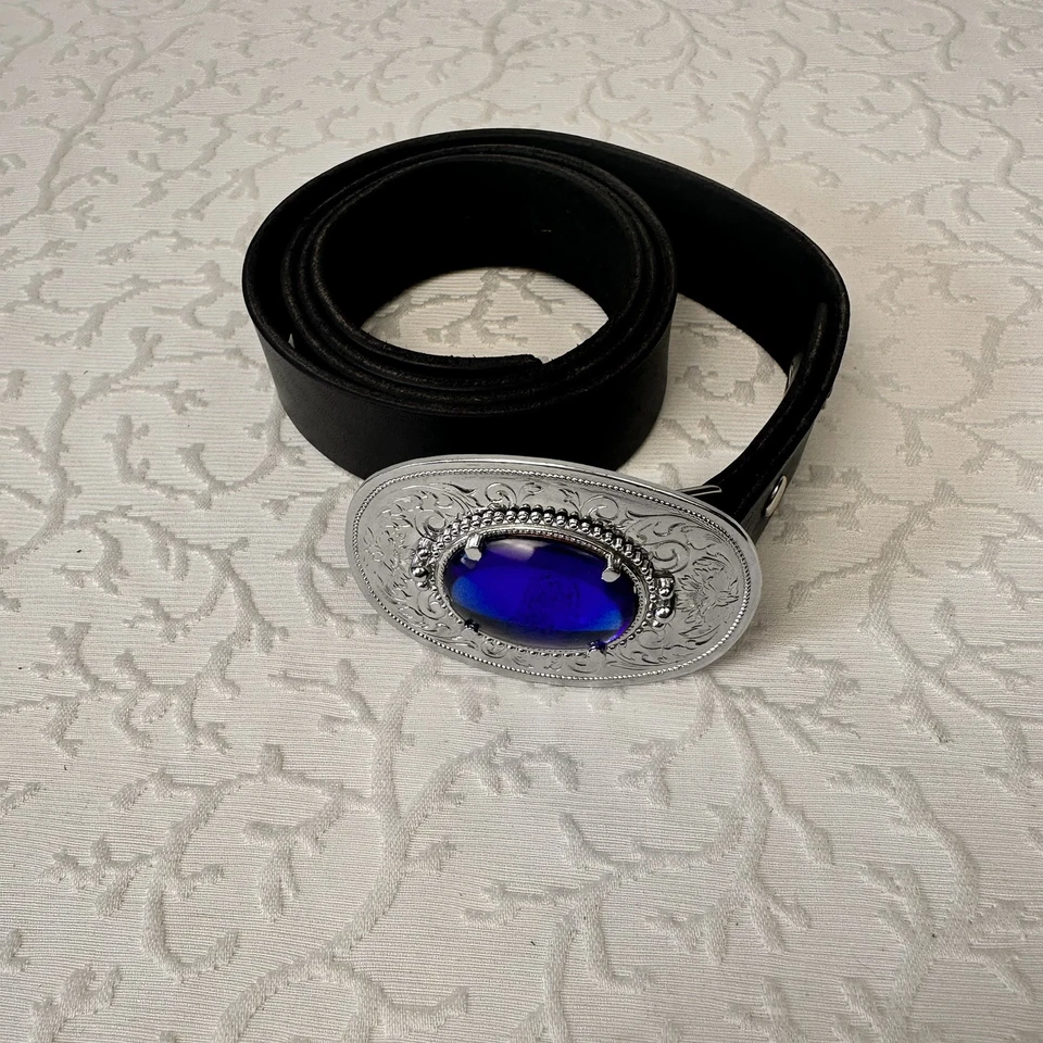 Western Belt Blue Buckle Rhinestone Black Leather Cowboy Hobbs Adjustable Hippie - Image 3 of 4