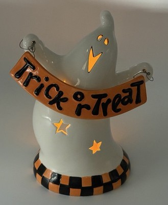 Halloween Ceramic Ghost Trick or Treat Tealight Holder 7'' Table Decoration