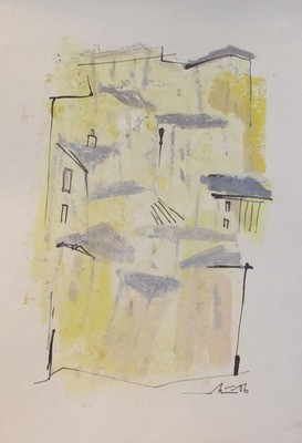 Provence in gelb 06 Zeichnung Papier orig sig Müller 50x35 Aka DDorf Sackenheim