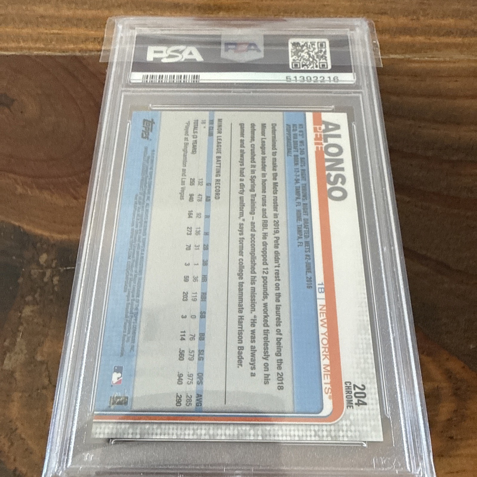 PSA 9 MINT 2019 TOPPS CHROME ROOKIE PETE ALONSO NO. 204 *METS* view 5