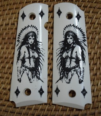 1911 Grips Kimber/Colt Clones Hand Scrimshawed ''Lady Warrior'' IP Grips! NICE!
