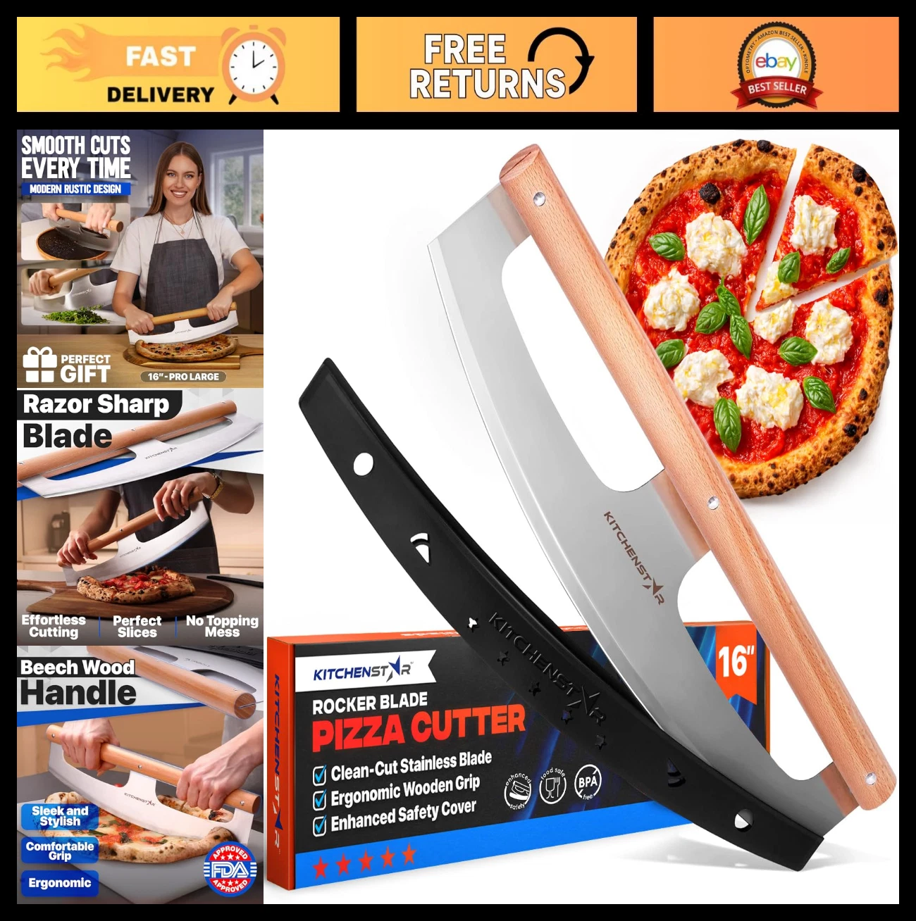 16-Inch Pizza Cutter Rocker Blade - Sharp Stainless Steel Slicer, Beech Wood Han
