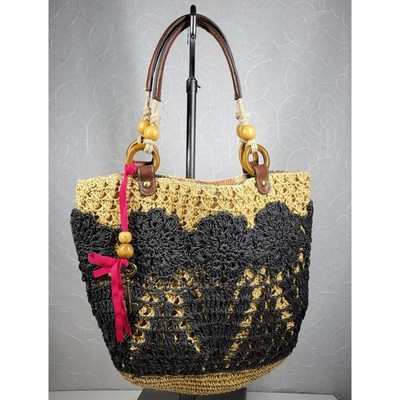 Fossil Long Live Straw Tote Tan Black Floral Crochet Key Charm Beach Vacation