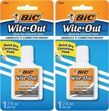 BIC Wite-Out Quick Dry Correction Fluid 20mL White Easy Application 2-Pack