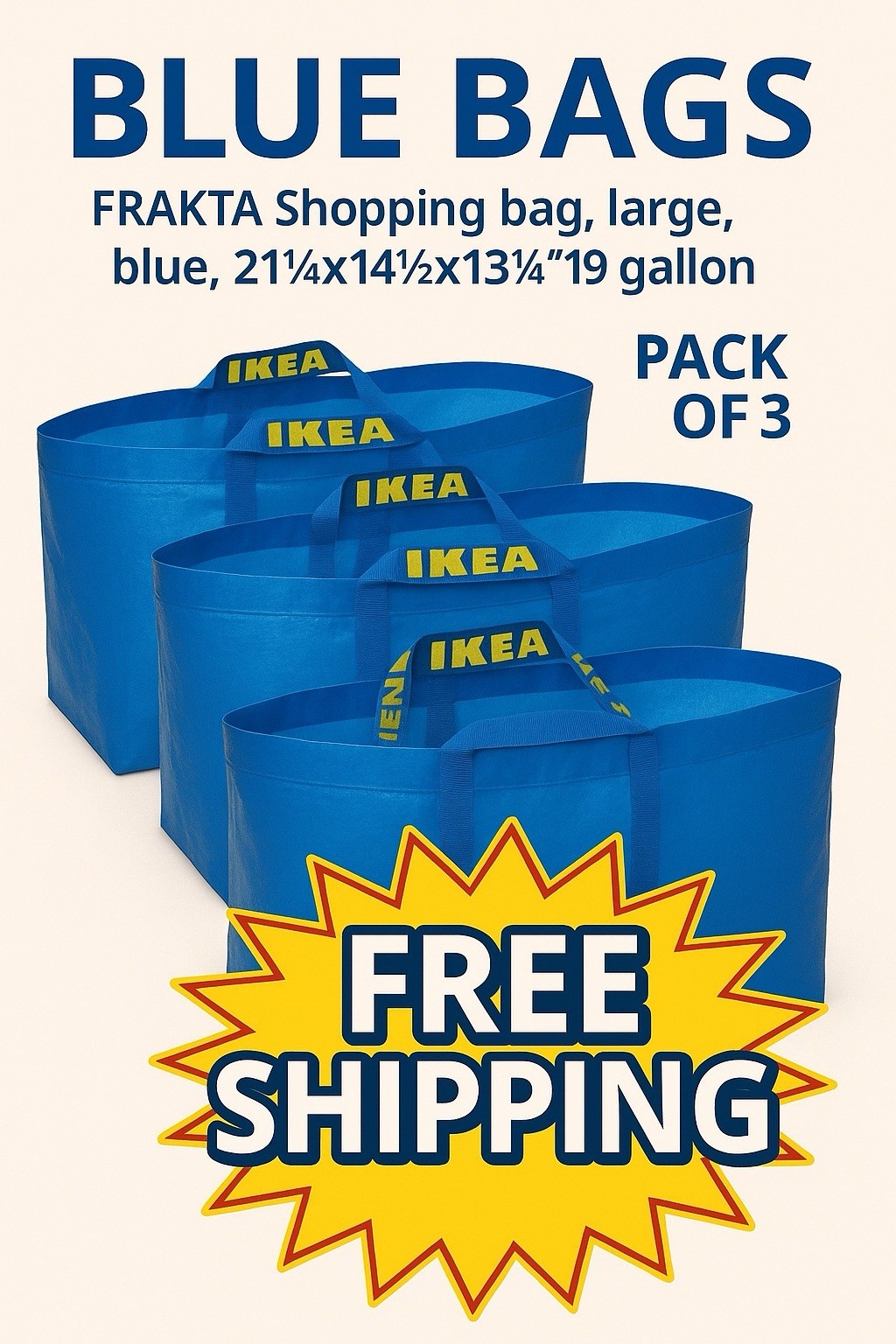 IKEA 172.283.40 Reusable Shopping Bag 19 Gallon - Blue (3 Pack)