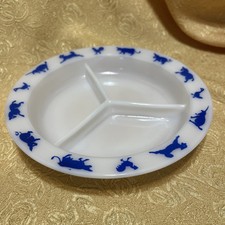 Hazel Atlas VTG Children s Milk Glass Divided Plate With Blue Farm Animal Border
