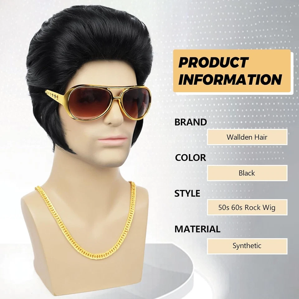 Peluca de roca Elvis Presley Halloween años 50 60 con gafas y collar cantante Foto 2 de 4