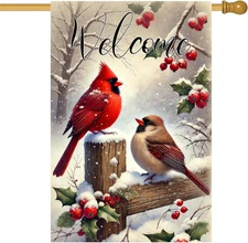 Welcome Winter House Flag 28 X 40 Inch Double Sided Garden Flag with Cardinal Bi