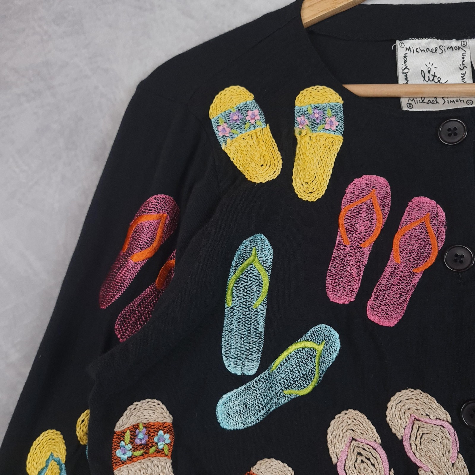 Michael Simon Lite Cardigan Womens Medium Black Flip Flop Embroidered Cotton