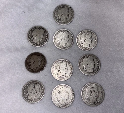 LOT OF TEN BARBER QUARTERS FULL DATES