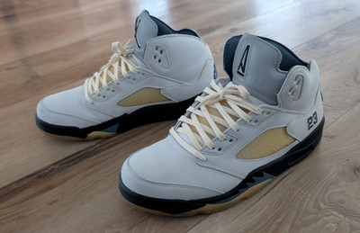 Nike Air Jordan 5 Mid Top Leather Basketball Sneakers White/Black/Yellow Lace Up