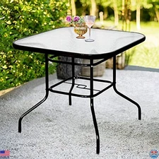 32" Black Outdoor Coffee Table with Umbrella Hole, Glass Top, Patio Bistro Table