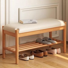 Solid Wood Shoe Bench with Cushion, 2-Tier Shoe Rack for Front Door Entrance,...