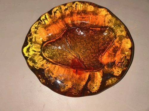 Vtg Blenko Amber Amoeba Ashtray Freeform Art Glass Bowl MCM