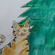 GAT Original Impressionist Painting 6x9 Inches Watercolor Tree Cat Kitten Art 