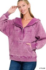 ZENANA LT PLUM ACID WASH FLEECE OVERSIZED 1/4 ZIP KANGAROO POCKET HOODIE sz M