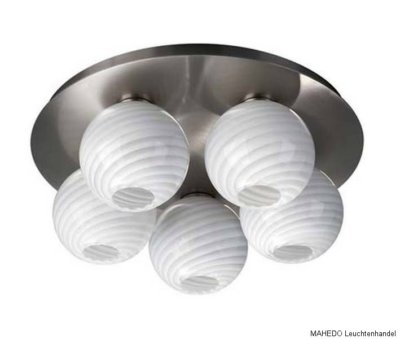Design Deckenlampe Rondell Strahler AGNON 5x G9 Halogen Glas Weiß Rillen Nickel