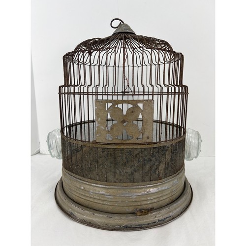 Antique Domed Hanging Bird Cage House Finch Canary Ribbed Glass Feed Dish Bowl