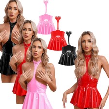 Women's Patent Leather Dress Bra Cut Out Costume Halter Neck Lingerie Clubwear