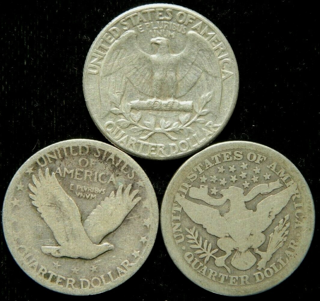3 Coin Quarter Lot , Washington Barber Liberty 90% Bullion Silver Certificate