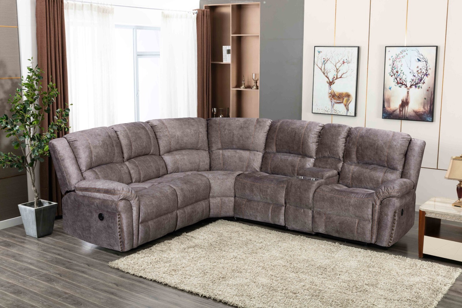 Brown Velvet Power Modular Recliner Sectional Sofa with 2 USB Port & Cup Holders