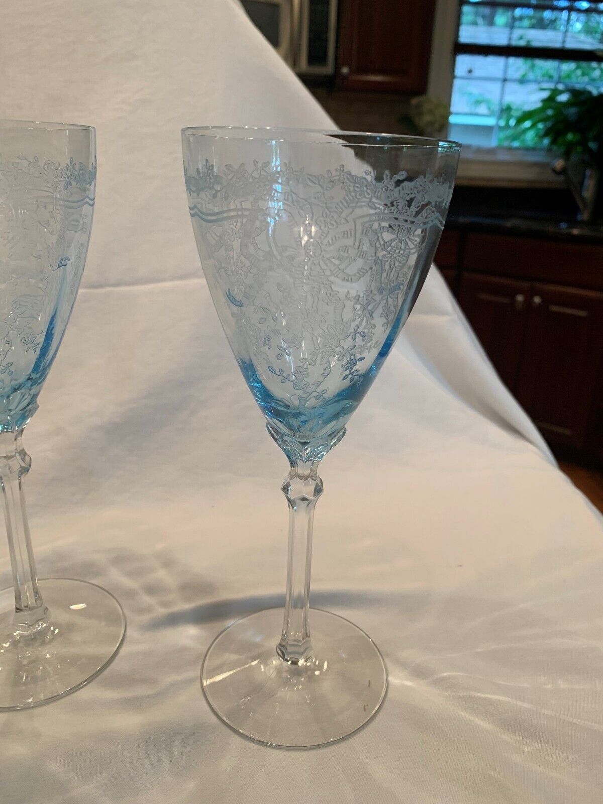 Fostoria June Etched Azure Blue Water Goblet Vintage 1930's