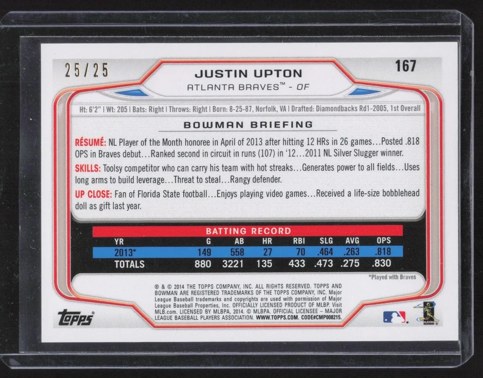 2014 BOWMAN RED ICE BOOKEND JUSTIN UPTON 25/25 #167 XDB - Image 2 of 2
