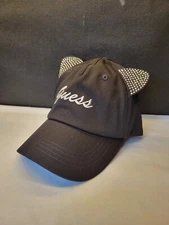 GUESS Jeweled/Studded Cat Ear w/ Logo Black Baseball Cap - Adjustable for Women.