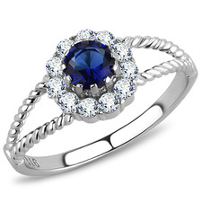 Round Blue Simulated Sapphire Halo Flower Stainless Steel Promise Cocktail Ring