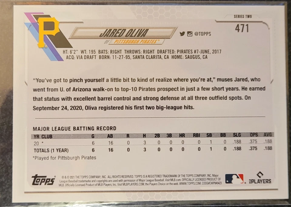 2021 Topps Employee Edition Jared Oliva RC Rare Parallel Pittsburgh Pirates - Image 2 of 2